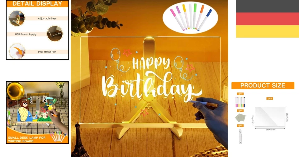 Wiederverwendbare Acryl Notiztafel mit LED - Verstellbarer Ständer und Farben - Bild 2 von 4