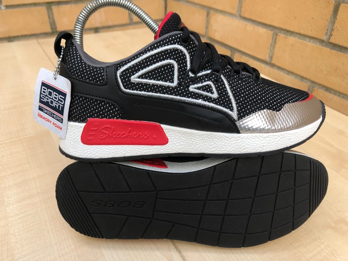 SKECHERS BOBS SPORT B REAL TRAINERS BLACK SILVER UK 3 MEMORY FOAM