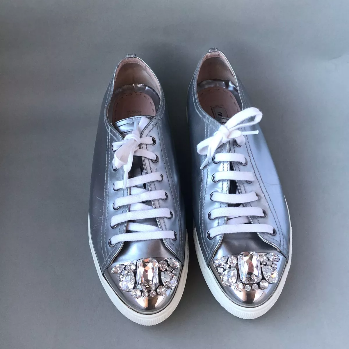 MIU MIU Metallic Silver Crinkled Leather Crystal Embellished Low Top  Sneakers Size 38