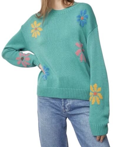 RAILS Women's Zoey Multi Flowers Crewneck Sweater XS Green Wool Blend Pullover