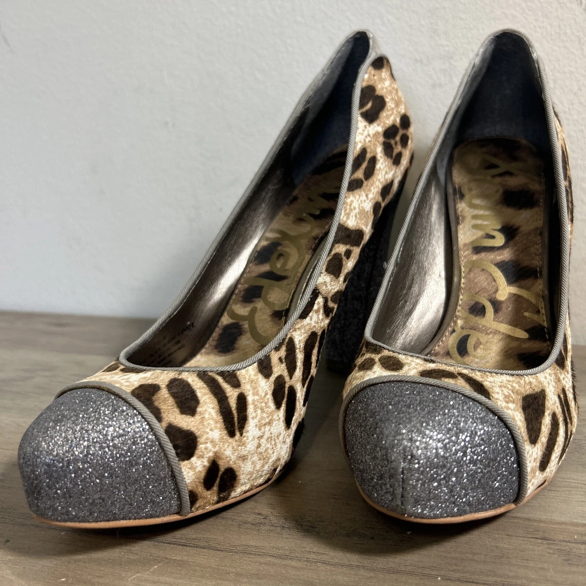 Sam Edelman 7.5 Frances Pump block Heels Cap Toe Sparkle Animal