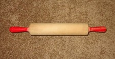 VINTAGE WOODEN ANTIQUE ROLLING PIN PRIMITIVE OLD RED WOOD HANDLES 15" LONG