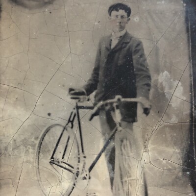 Antique Tintype Full Plate Photo Man With Bike Bicycle | eBay