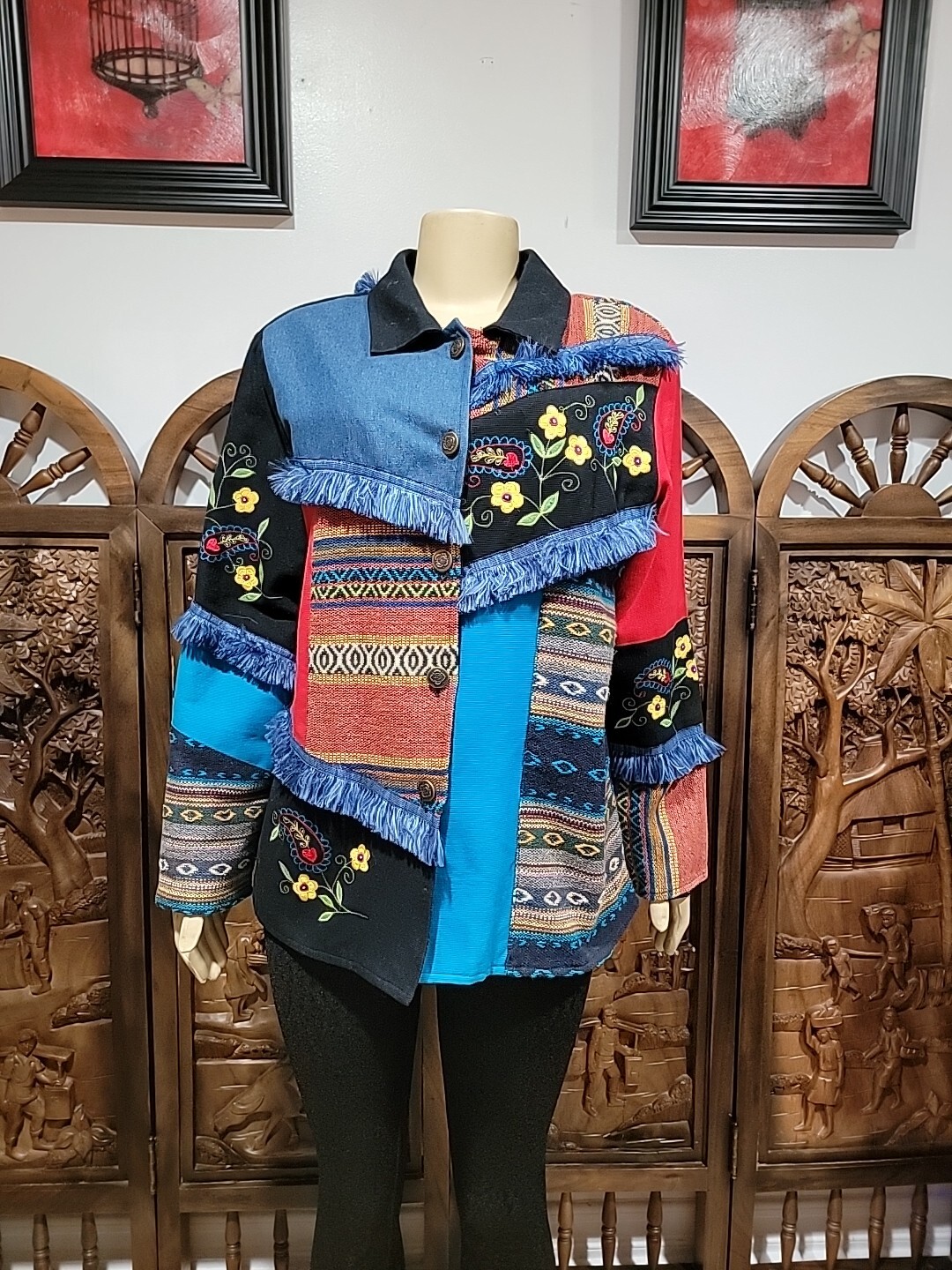 Indigo Moon Patchwork Jacket Size L Embroidered B… - image 2