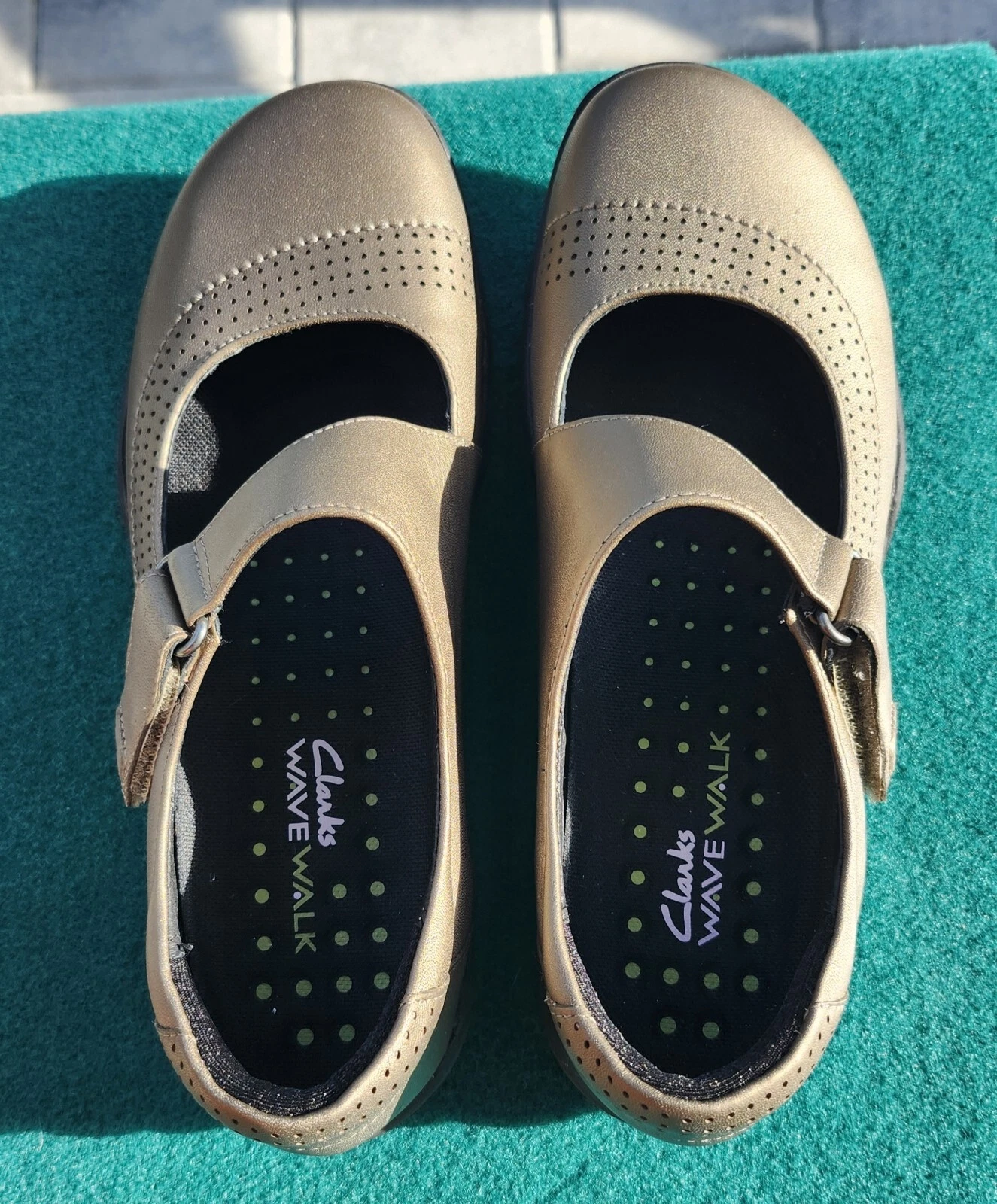 Mocassino da passeggio Clarks donna Mary Jane scarpe 6 5 Wave Walk oro pelle metallizzata