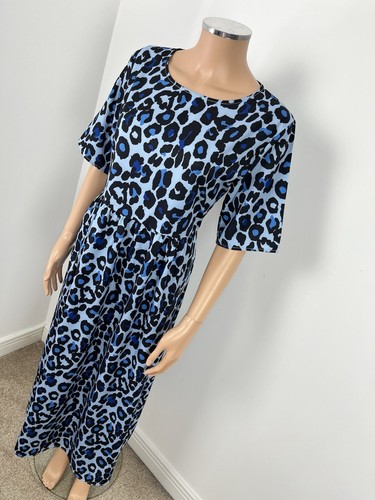 New Blue Black Animal Leopard Print Fit & Flare Short Sleeve Midi Dress L 14 - Picture 2 of 9