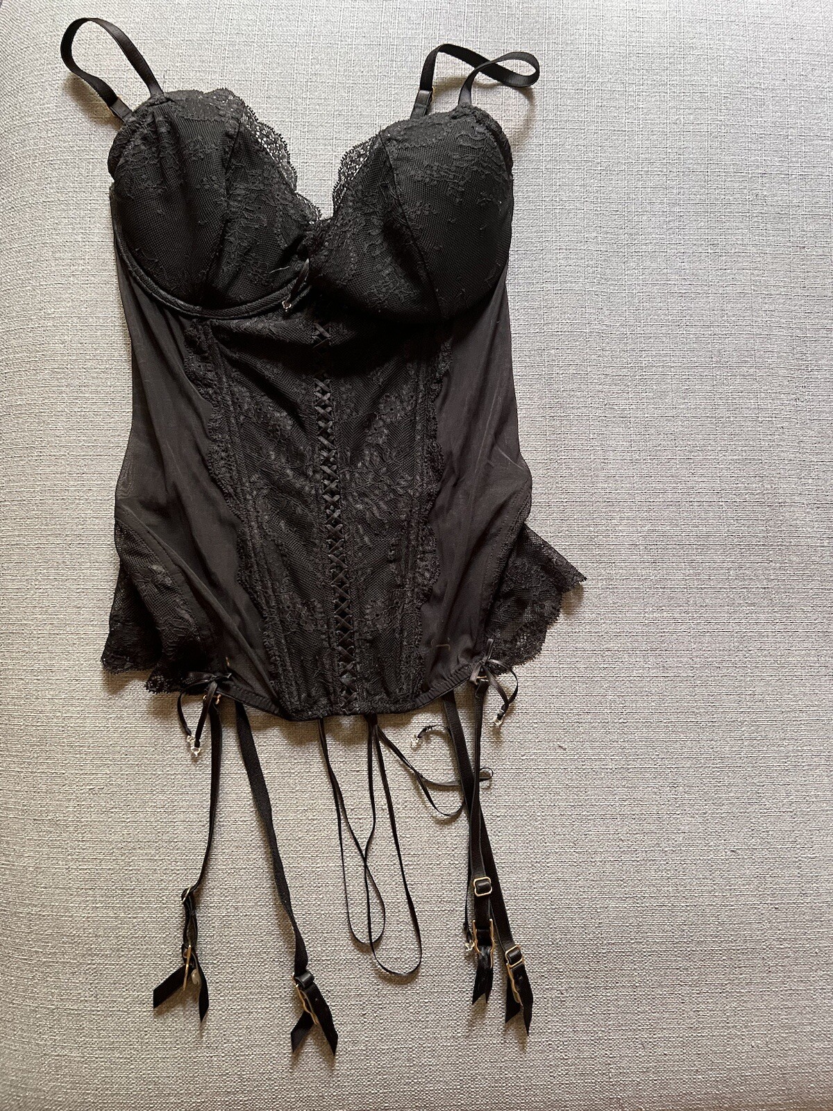 Victorias Secret Black Corset Lace Top Garter Gem