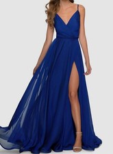  318 La Femme Women's Blue V-Neck High-Slit Long Chiffon Gown Dress Size 4