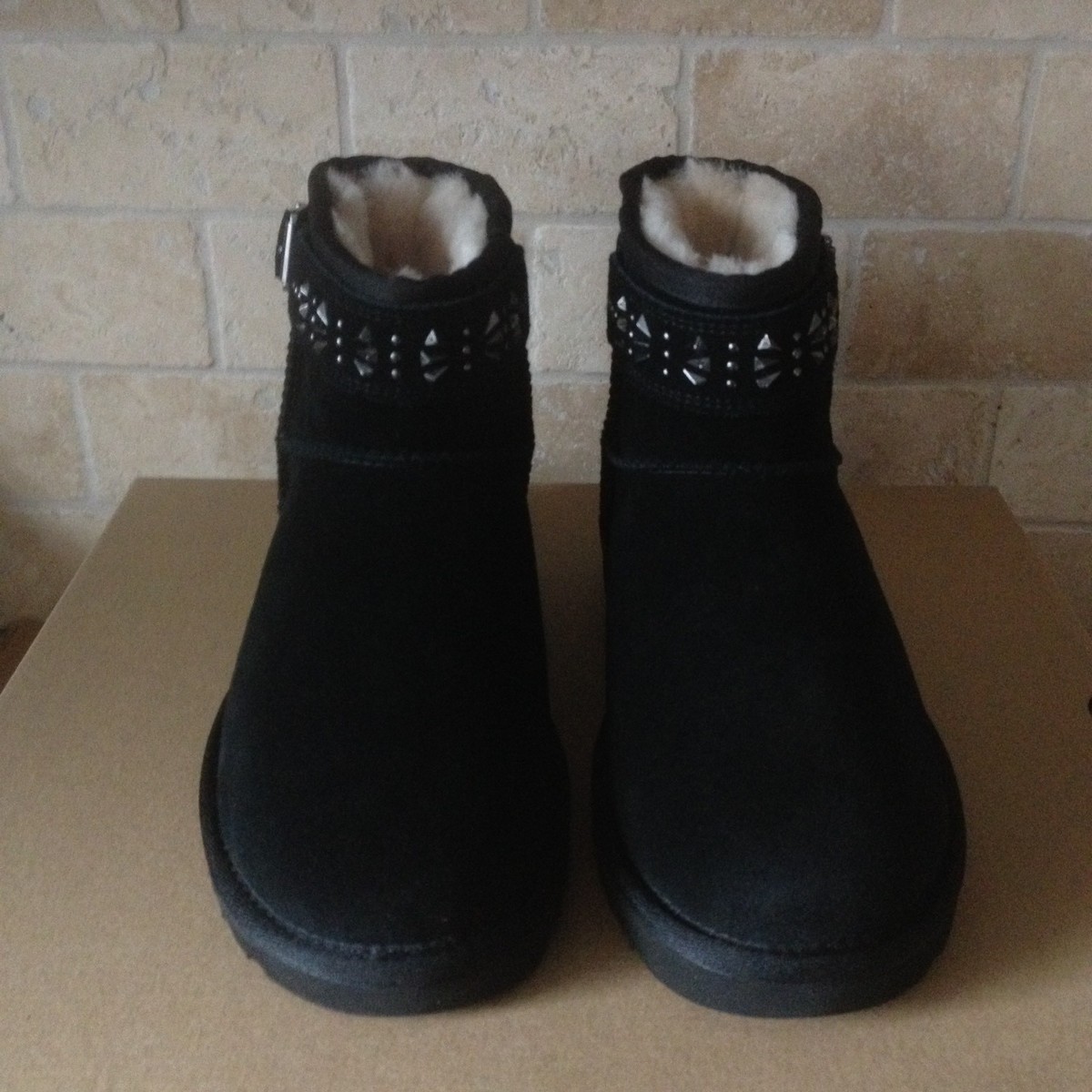 UGG Jadine Deco Studs Studded Black Suede Fur Buckle Moto Mini