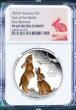Moneta da 1 oz 2023 Australia PROOF argento colorato anno lunare del coniglio NGC PF69 F