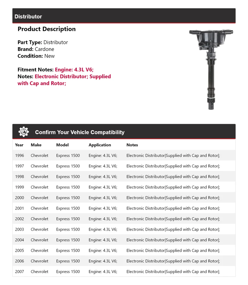Chevrolet Express 1500 1996-2007 4,3 L V6 distribuidor Cardone 1997 1998 1999 Foto 2 de 4