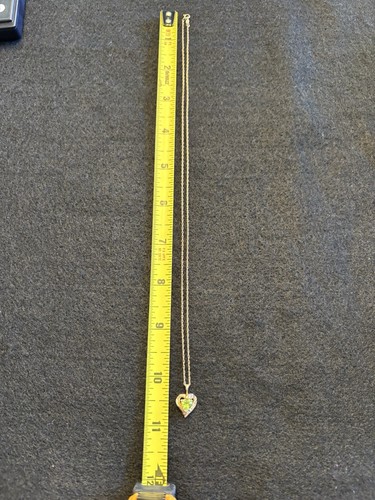 14k Yellow 20” Gold Chain Necklace w/ 10K Gold Heart Pendant Peridot Diamond - Picture 10 of 11
