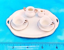 Set of 7 - White Porcelain Gold-Trimmed Set Tea Set MINI DOLL HOUSE ACCESSORIES
