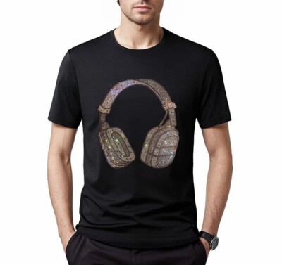 New Men Luxury Diamond Headphones Rhinestones Fashion Black T-Shirt High Quality