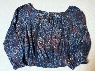 SO Floral Crop Top XXL Long Sleeve Blue Boho Stretch Blouse
