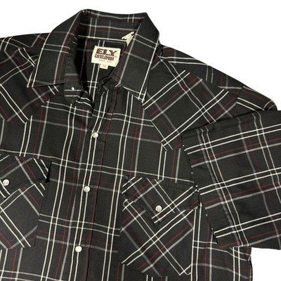 Vintage Ely Cattleman Mens Black Plaid Short Sleeve Western Pearl Snap Shirt M