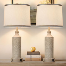Dimmable Touch Control Table Lamp Set with USB Ports - Vintage White Finish
