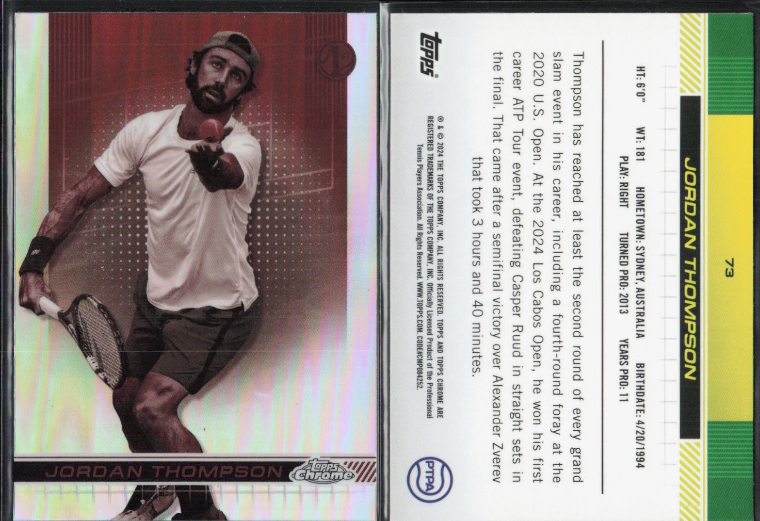 2024 Topps Chrome Tennis Sepia Refractor #73 Jordan Thompson