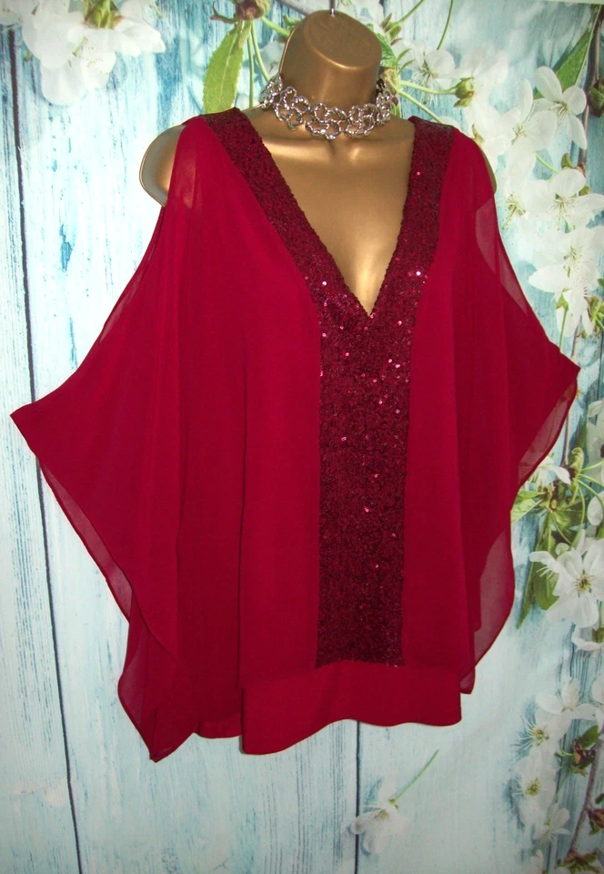 WALLIS KIMONO TOP L 16/18, Stunning Berry Red Sequin Chiffon Overlay Occasion - Image 3 of 4