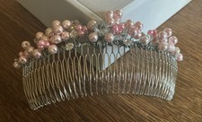 Vintage Silver Metal Hair Comb With Pink Pearls And Rhinestones 1980s