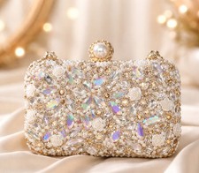 Beaded Gold Silver White Pearl Crystal Floral Bridal Clutch Bag