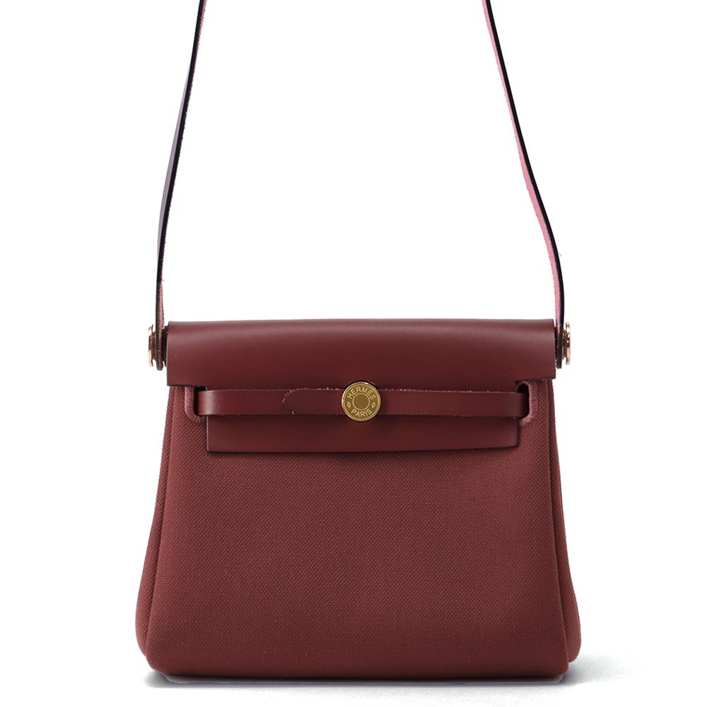 HERMES Herbag zip Size Mini Toile Military/Vache Hunter Leather Rouge H