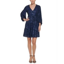 Eliza J Women's Cocktail Dress Size 8 Blue Sequined Long Sleeve A-Line Mini