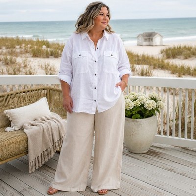Jones New York White Linen Button Down Shirt Size 3X Coastal Minimalist