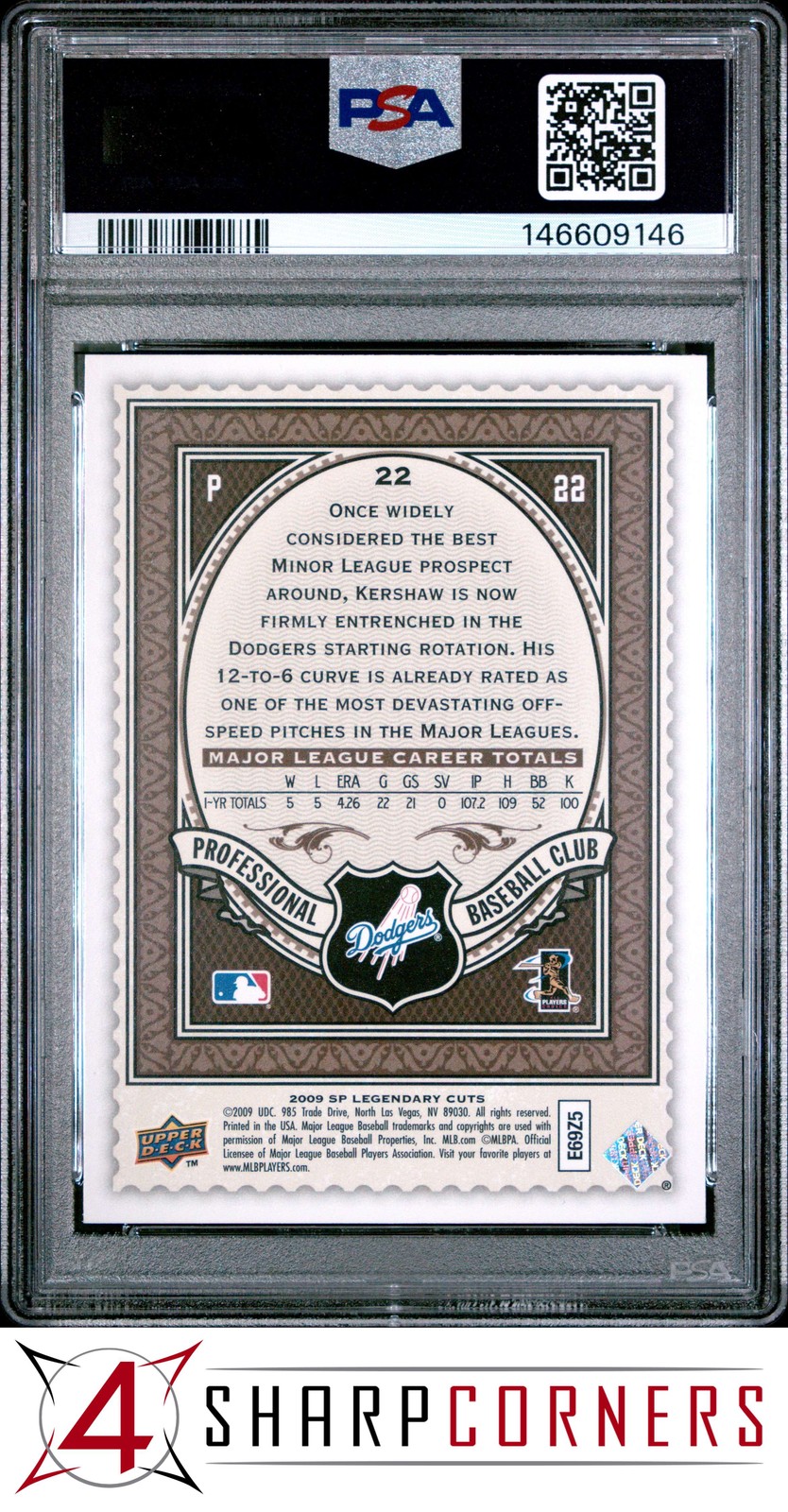 2009 SP LEGENDARY CUTS #22 CLAYTON KERSHAW POP 4 PSA 10 view 2
