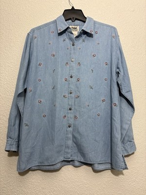 Northern Reflections L Denim Chambray Button Front Shirt Floral Embroidered