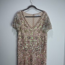 Mac Duggal Embellished Ruffled Cap Sleeve V-Neck Gown Nude G1725 size 24