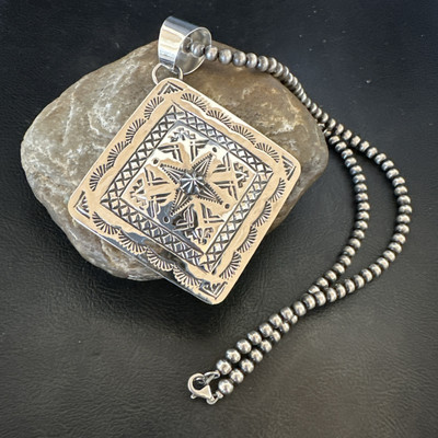 H Joe Handmade Stamped Pendant Navajo Sterling Silver Necklace 3.5'' 18981