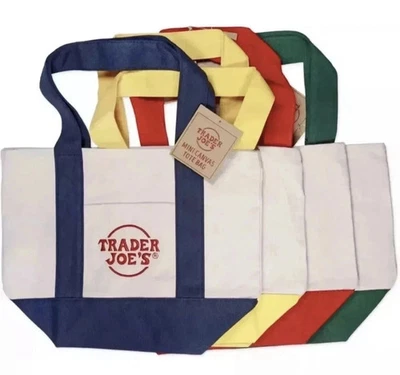 Trader Joe's Mini Canvas Tote Bag Set Of 4 Red Blue Green Yellow Limited Xmas