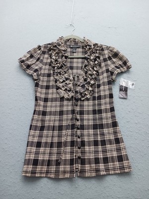 INC Women M Blouse Multicolor Plaid Nylon Short Sleeve Ruffle Front Work Style