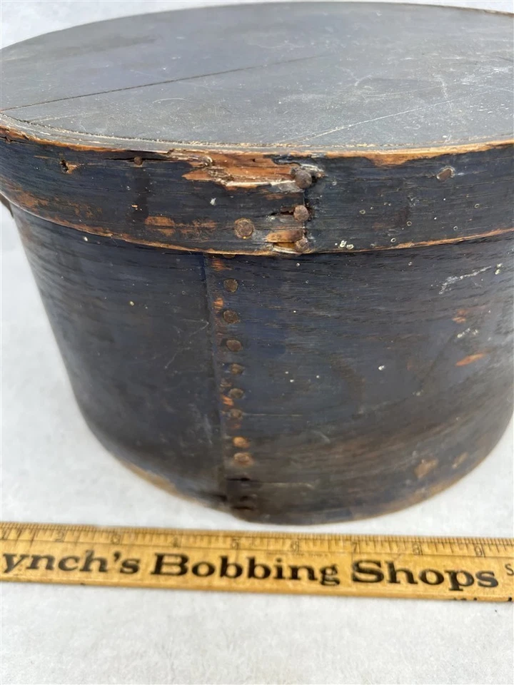 caja despensa antigua con mango pintura azul oscuro 11,5 x 6,5 original mediados siglo XIX mejor Foto 3 de 4