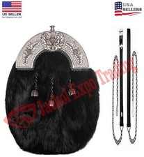 Scottish Black Fur Kilt Sporran with Thistle Cantle 3 Tassels Includes Chain