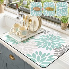 Floral Dish Drying Mat Super Absorbent Hide Stain Kitchen Teal 16x24 Inch