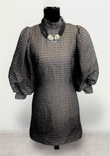 GANNI Black Tweed A-Line Balloon Sleeve Jewelled Button Dress US 4