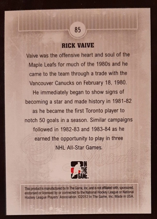 2012 - 2013 ITG Forever Rivals Rick Vaive #85 Hockey Card - Image 2 of 2