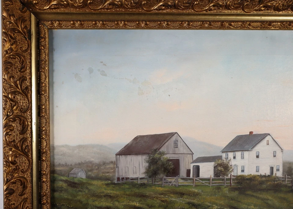 Подлинная винтажная картина маслом - Ферма Новой Англии в сумерках - Деревенский пейзаж - Изображение 3 из 4