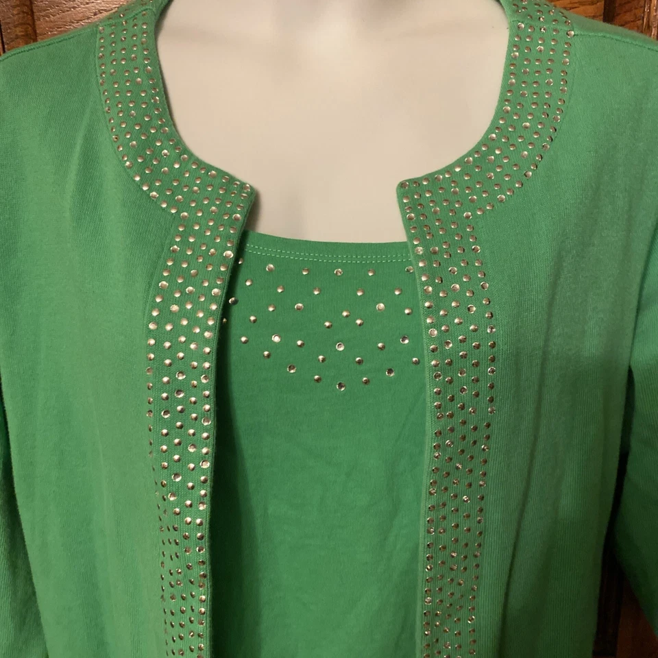 Vintage QUACKER FACTORY Emerald Green Beaded "Mock 2-pc Look" SWEATER, Size 3X - Image 2 of 4