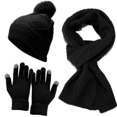 Womens Ladies Thick Knit Hat Scarf AND Gloves Set Knitted Winter NEW UK 
