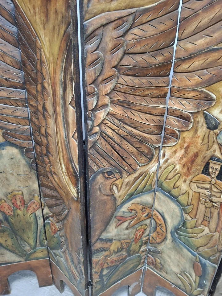 Mural de doble cara divisor de habitaciones AZTEC tallado a mano ARTISAN RARO  Foto 2 de 4
