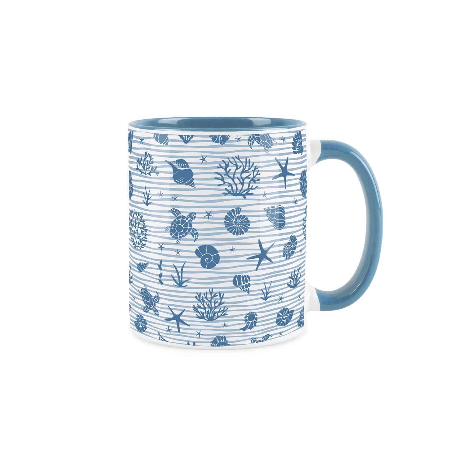 Seashells Mug - Light Blue Coastal Stripes Nautical Ceramic Hot Drinks Gift Cup