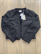 NWT Elie Tahari Black Gold Metallic Tweed Wool Blend Fringe Trim Open Blazer 10