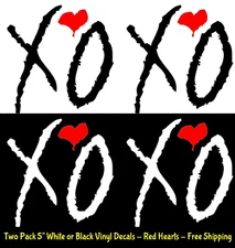 XO Love Two 5" Vinyl Decals Black or White with Red Hearts Car Truck Window