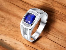 Blue Sapphire Cushion Cut Gemstone With 925 Sterling Silver Ring For Men's #A216