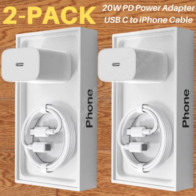 2PACK 20W USB-C Fast Charger Cable PD Adapter For iPhone 14/13/12/11/Pro/XR/iPad