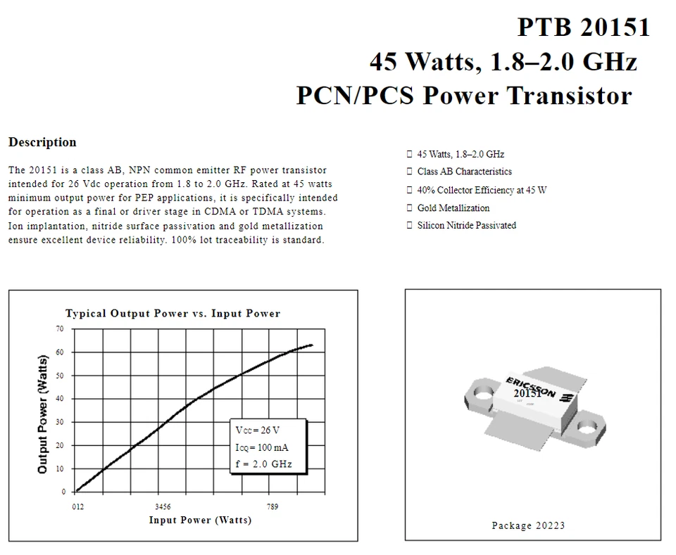 ERICSSON PTB20151 20151 45 Watts 1.8-2.0 GHz PCN/PCS Power Transistor - Image 2 of 3