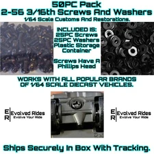 50PC Black 3/16th 2-56 Screw FOR 1/64 Scale Custom Restoration Hot Wheel & Other